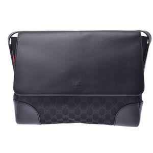 GUCCI Black GG Canvas Messenger Bag Calfskin Leather